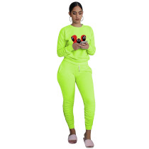 Trend New Fuorescent Green Squid Game Mask Man Printed Sports Two Piece Ruched Pants Set