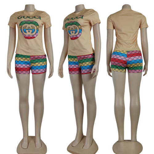 Casual Letter Print Short Sleeve Shorts Set