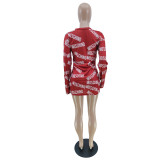 Red Long Sleeve Soft Print T-shirt Dress