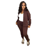 Autumn Winter Fleece Zipper Cardigan Sweatshirt Casual Sports Two Piece Set