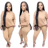 Solid Color Khaki Pullover Sweatshirt Pant Set