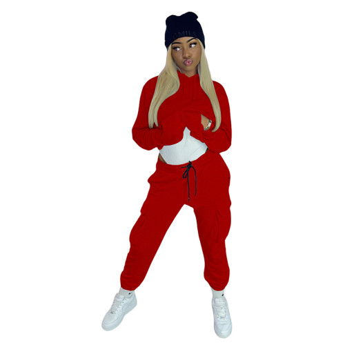 Solid Color Multi Pocket Hoodie Sports Pant Set