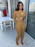 Solid Color Manual Knitted Sweater Cardigan 3 Piece Set