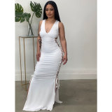 Sexy Solid Bandage Hollowed Out Split Joint Slit V Neck Sleeveless Straight Dresses