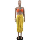 Color Patchwork One Shoulder Strapped Two Piece High Waist Pleated Sets