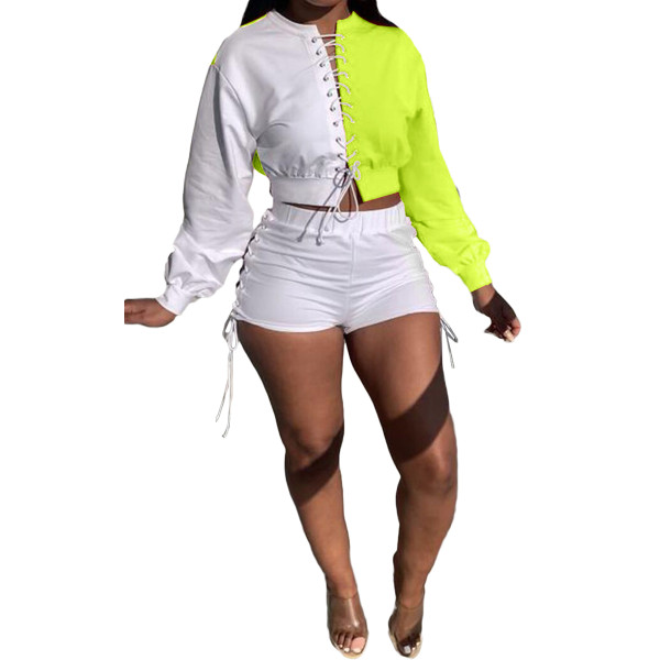 Autumn Color Matching Long Sleeve Eyelet Lace-up Top and Shorts