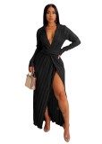 Elegant Lady Casual Split Dress V Neck Long Sleeve Fall Winter Sexy Women Maxi Pleated Dresses