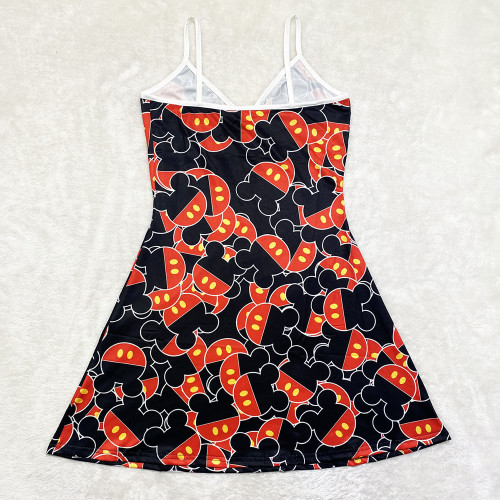 Sexy Loungewear Summer Cartoon Pattern Printed Spaghetti Strap Homewear Dress