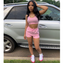 Solid Color Pink Ladies Vest Shorts Two Piece Set with Pockets