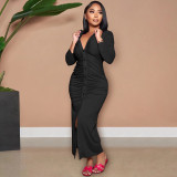 Solid Color V Neck Ruched Maxi Dress