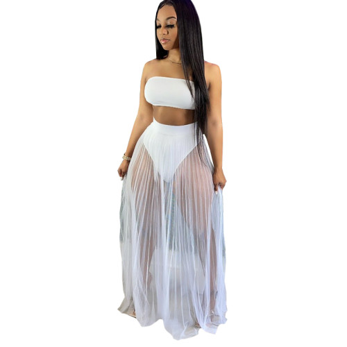 Solid Color Mesh Wrapped Top Hollow Pant and Perspective Long Skirt