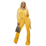 Autumn Winter Yellow Velvet Sports Sweatshirt Crop Top and Trousers