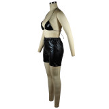 Black Solid Color Stretch PU Bra Shorts Set Two Pieces