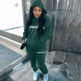 Casual Letter Pyrography Velvet Drawstring Kangaroo Pocket Hoodie & Pants Set