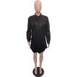 Solid Sequin Loose Turndown Neck Shirt Dress