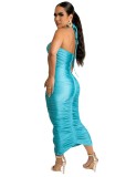 Women Summer 2022 Bandage Dress Halter Slit Lace Up Bodycon Evening Club Party Ruched Long Dress