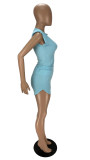 Sky Blue Solid Sleeveless Shoulder Pads Two Piece Shorts Sets