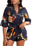 Hot Fashion Plunge Neck Half Sleeve Floral Printed Tie Waist Rompers