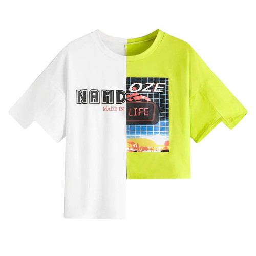 Stitching Contrast Color Irregular Print T-shirt