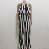 Summer Women's Striped Short-sleeved Off-the-shoulder Straps Loose Wide Leg Jumpsuit