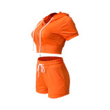 Solid Orange Zipper Cardigan Hooded Cropped Two-Piece Short Summer Set