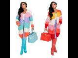 Women Stitching Knitted Overcoat Warm Long Sleeve Open Front Winter Oversized Cardigan