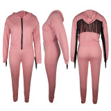 Solid Color Zipper Hooded Track Pants Set with Fringed