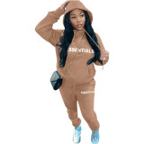 Casual Letter Pyrography Velvet Drawstring Kangaroo Pocket Hoodie & Pants Set