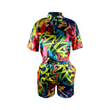 Casual Imitation Silk Printed Shirt Trousers Two Piece With Pockets