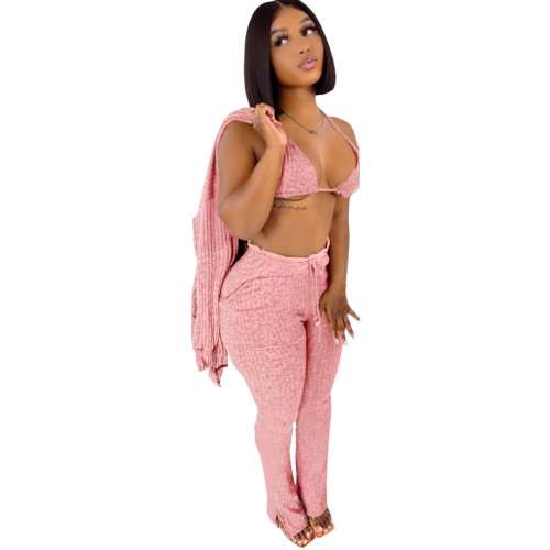 Women 3 Piece Sets Sexy Lingerie Lounge Wear Set Pink Pyjamas Female Nightwear Cardigan Sleepwear