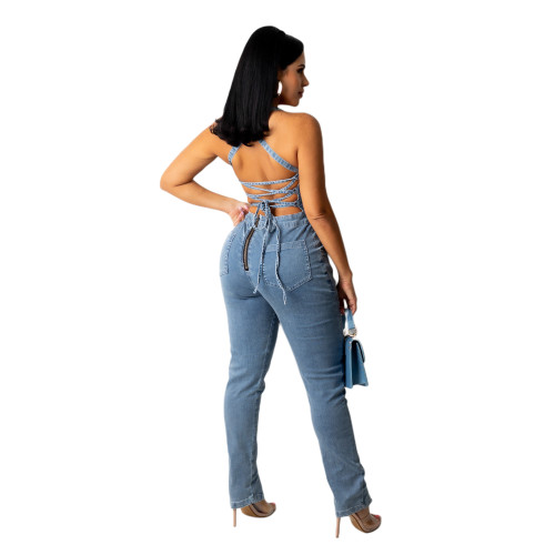 Sexy Backless Bandage Denim Jumpsuit