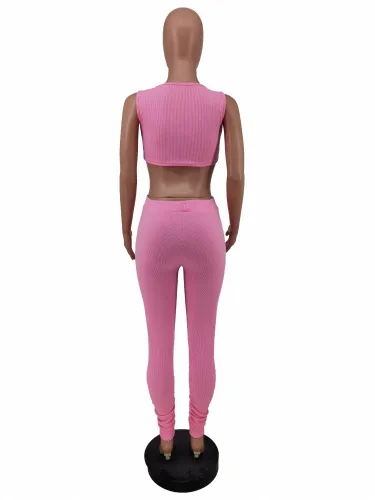 Summer Pink Sleeveless Cutout Crop Vest and Long Pants 2 Pieces