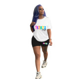Casual Solid Color Graphic Print Short Sleeve Shorts 2 Piece Set