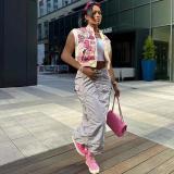 Fashion Print Single-breasted Baseball Jacket Sleeveless Tops