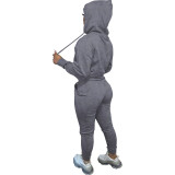 Casual Letter Pyrography Velvet Drawstring Kangaroo Pocket Hoodie & Pants Set