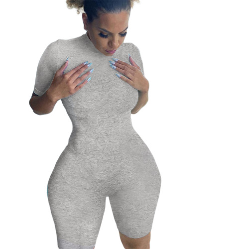 Solid Color High Neck Zipper Activewear Romper