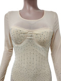 Khaki Long Sleeves Mesh Bodycon Dress with Rhinestones