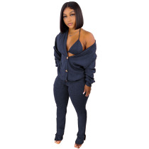 Women 3 Piece Sets Sexy Lingerie Lounge Wear Set Dark Blue Pyjamas Female Nightwear Cardigan Sleepwear