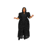 Plus Size Beaded Mesh Sexy See Through Puff Sleeve Long Dresses