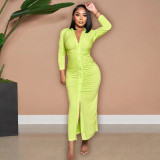 Solid Color V Neck Ruched Maxi Dress
