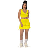 High Elastic Cotton Pit V Neck Low-cut Drawstring Embroidery Skirt Set