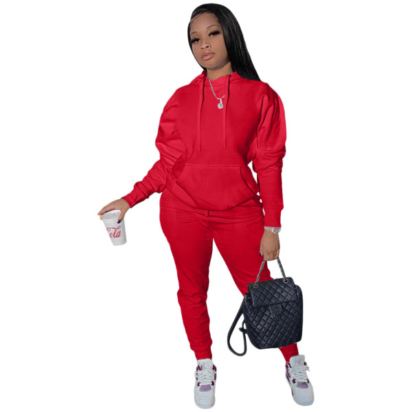 Red Women's 2 Piece Solid Sweatsuit Long Sleeve Hoodies Sweatpants Sets Tracksuit