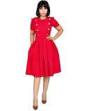 OL Style Ruffle Collar Short Sleeve Pleated Dress