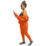 Casual Embroidery Letter Cardigan Pant Set with Hat