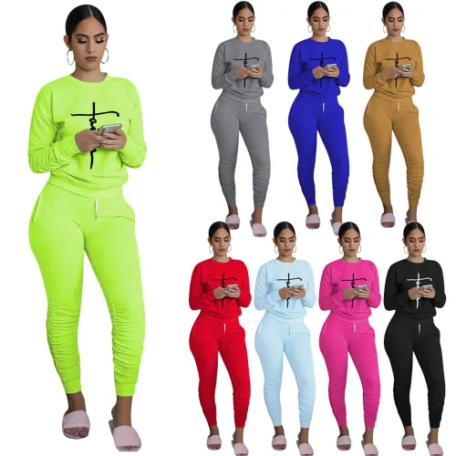 Casual Printed Long Sleeve Jogger Workout Pants Set with Pockets