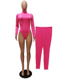 Solid Turtleneck Long Sleeve Bodycon Bodysuit Sports Elasticity Two Piece Pant Set
