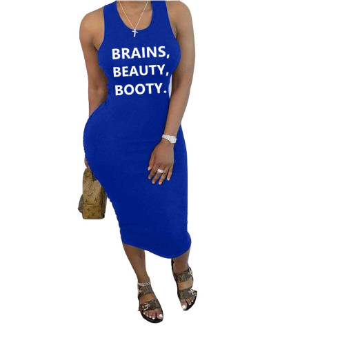 Casual Wrinkle Sleeveless Letter Print Vest Midi Dress