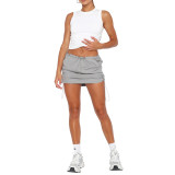 Solid Color Shirred Elastic Buckle Athleisure Pocket Cargo Skirts