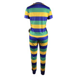 Casual Sweat-absorbing Striped Printed Round Neck Short Sleeve Trouser Set