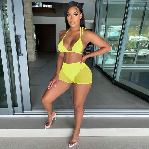 Summer Yellow Beachwear Sexy Mesh Sequined Two Piece Short Set